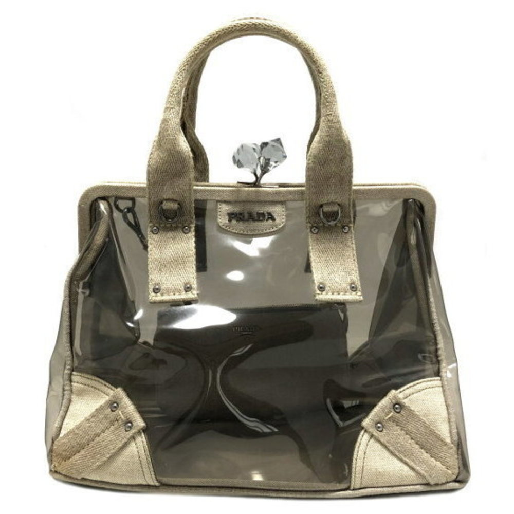 Prada Handbag Vinyl Bag Tote Smoky Beige Pouch Logo Holding
